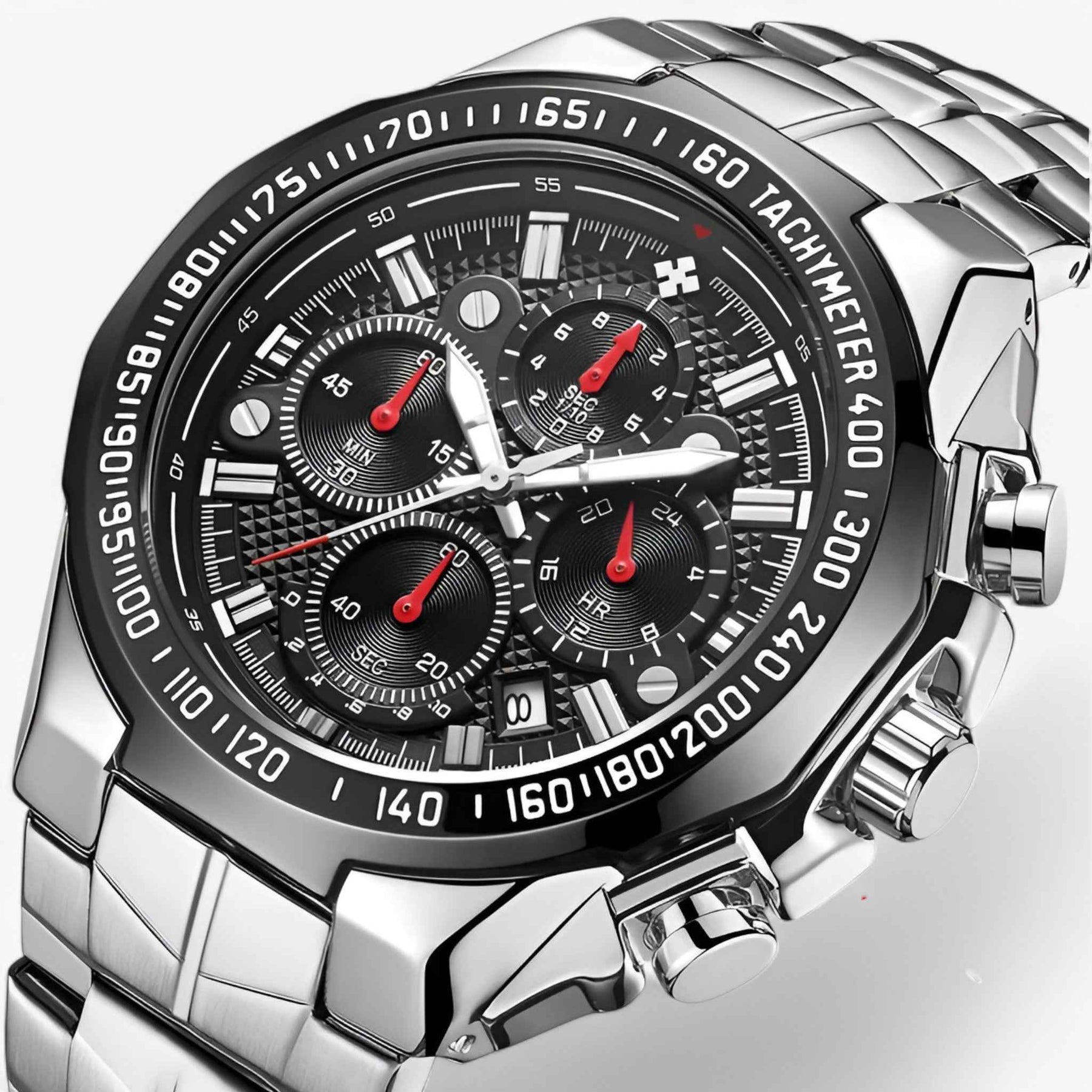 Luxe sporthorloge voor heren van zwart staal, elegante waterdichte chronograaf
