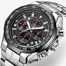 Luxe sporthorloge voor heren van zwart staal, elegante waterdichte chronograaf