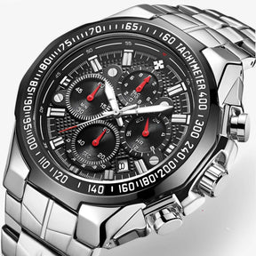 Luxe sporthorloge voor heren van zwart staal, elegante waterdichte chronograaf