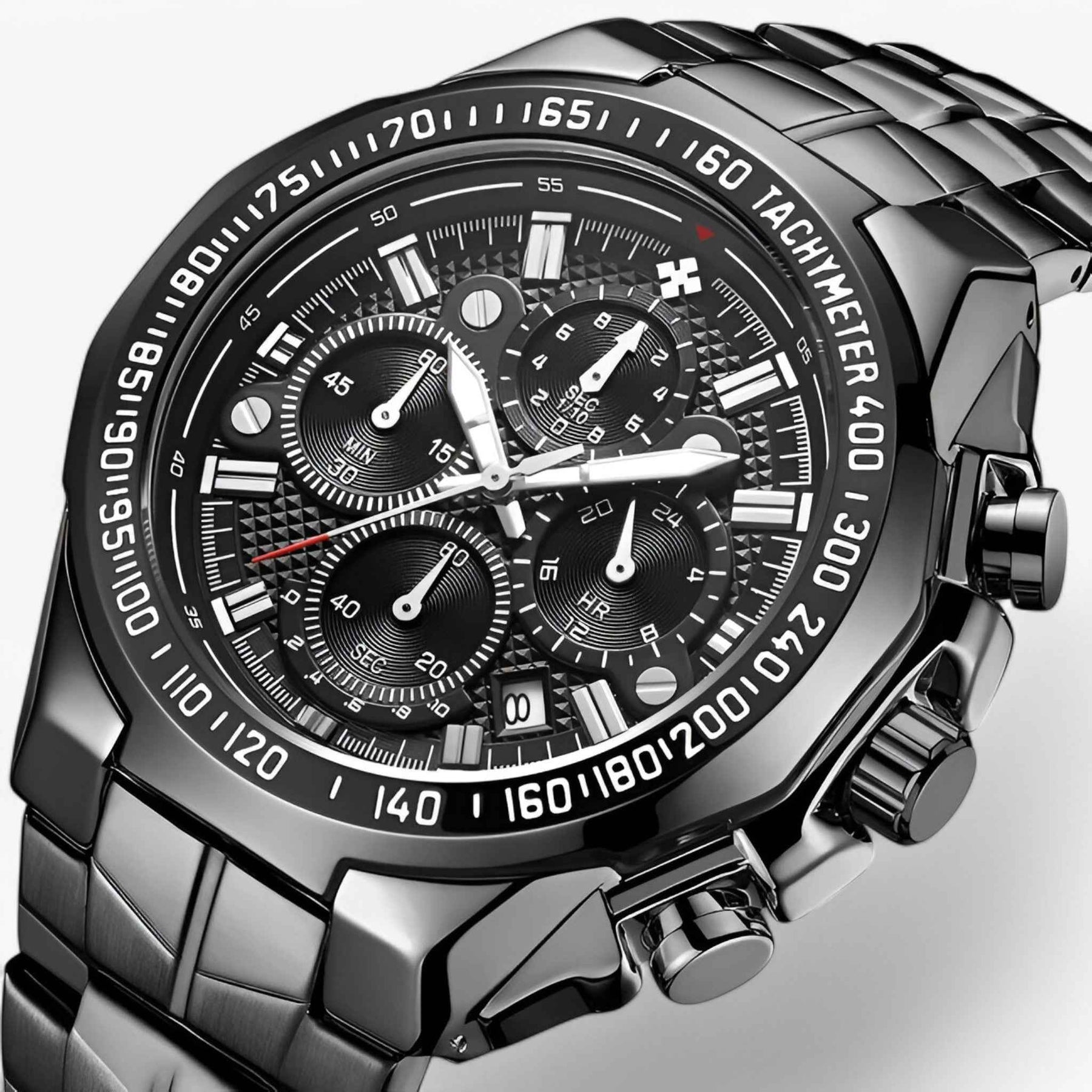 Luxe sporthorloge voor heren van zwart staal, elegante waterdichte chronograaf