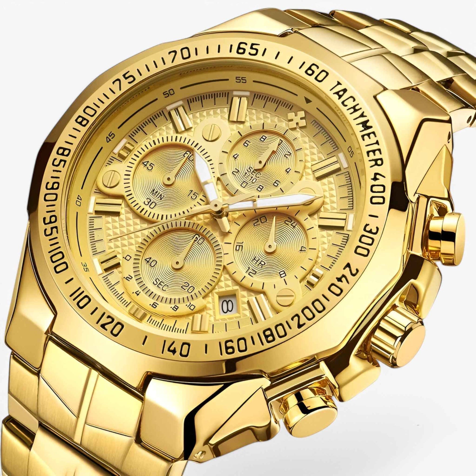 Luxe sporthorloge voor heren van zwart staal, elegante waterdichte chronograaf