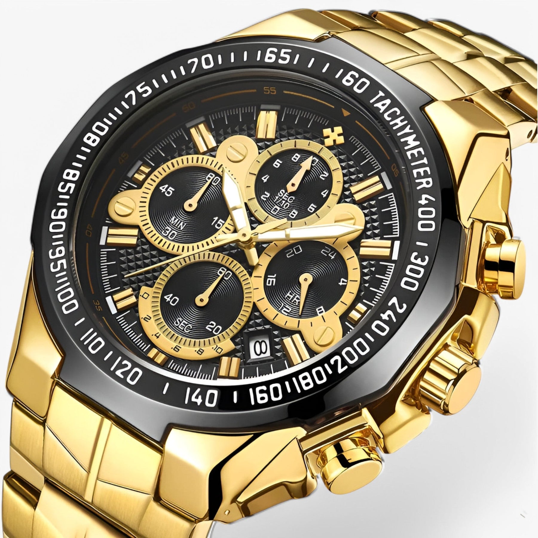 Luxe sporthorloge voor heren van zwart staal, elegante waterdichte chronograaf