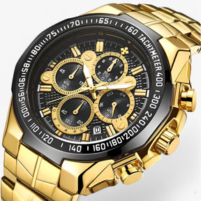 Luxe sporthorloge voor heren van zwart staal, elegante waterdichte chronograaf