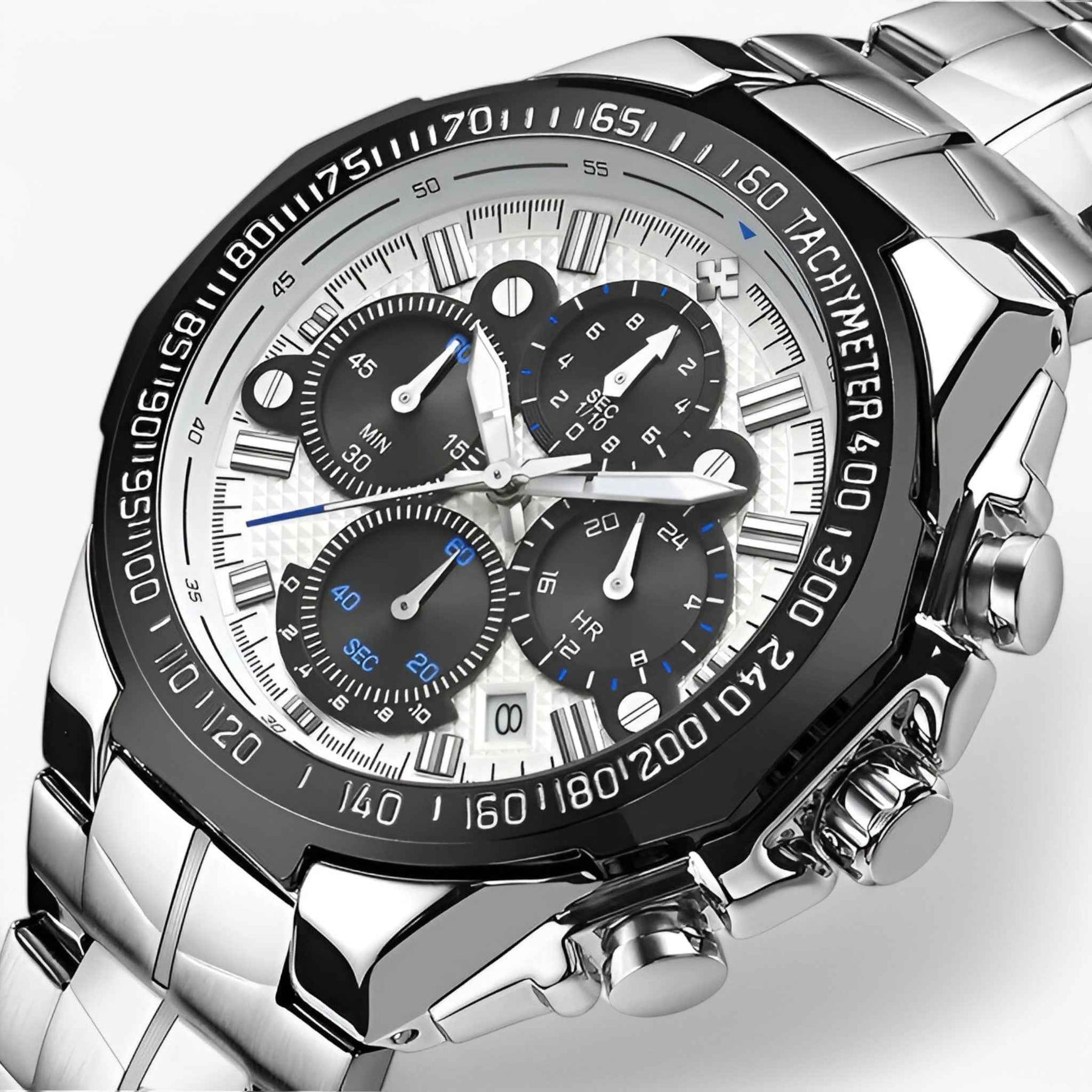 Luxe sporthorloge voor heren van zwart staal, elegante waterdichte chronograaf