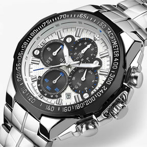 Luxe sporthorloge voor heren van zwart staal, elegante waterdichte chronograaf