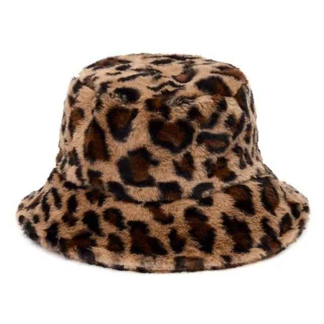 Hoeden : Bucket Hat van Imitatiebont met Luipaardprint in Winterse Koeienprint - Khaki Luipaard in Khaki Luipaard van Pantino