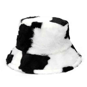 Hoeden : Bucket Hat van Imitatiebont met Luipaardprint in Winterse Koeienprint - Khaki Luipaard in van Pantino