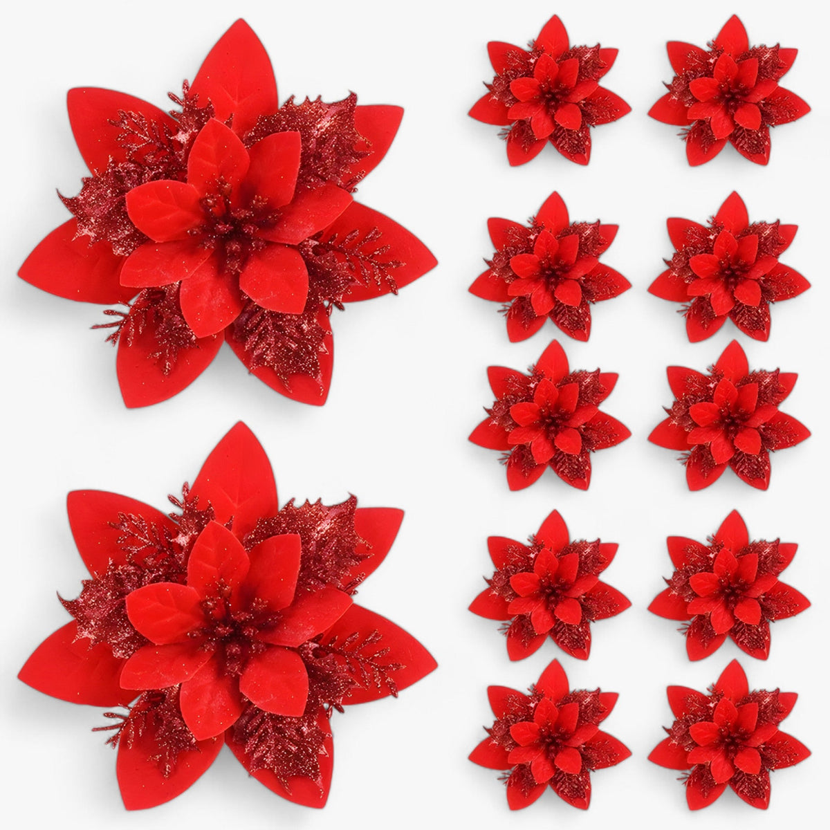 Rosie | 5/10 stuks glitterende kerstbloemen - sprankelende boomversieringen - Rood - (1+1 gratis) Rosie | 5/10 stuks glitterende kerstbloemen - €25 - Pantino