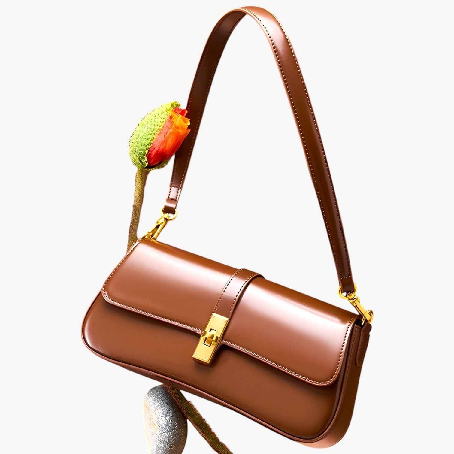Dames Baguette Tas van Echt Zwart Luxe Leer, Elegant en Compact
