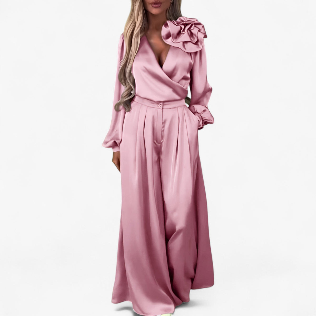 Leona | Damesset van polyester V-hals top en wijde broek- €25 : Leona | Damesset van polyester V-hals top en wijde broek in Roze van Pantinoshop