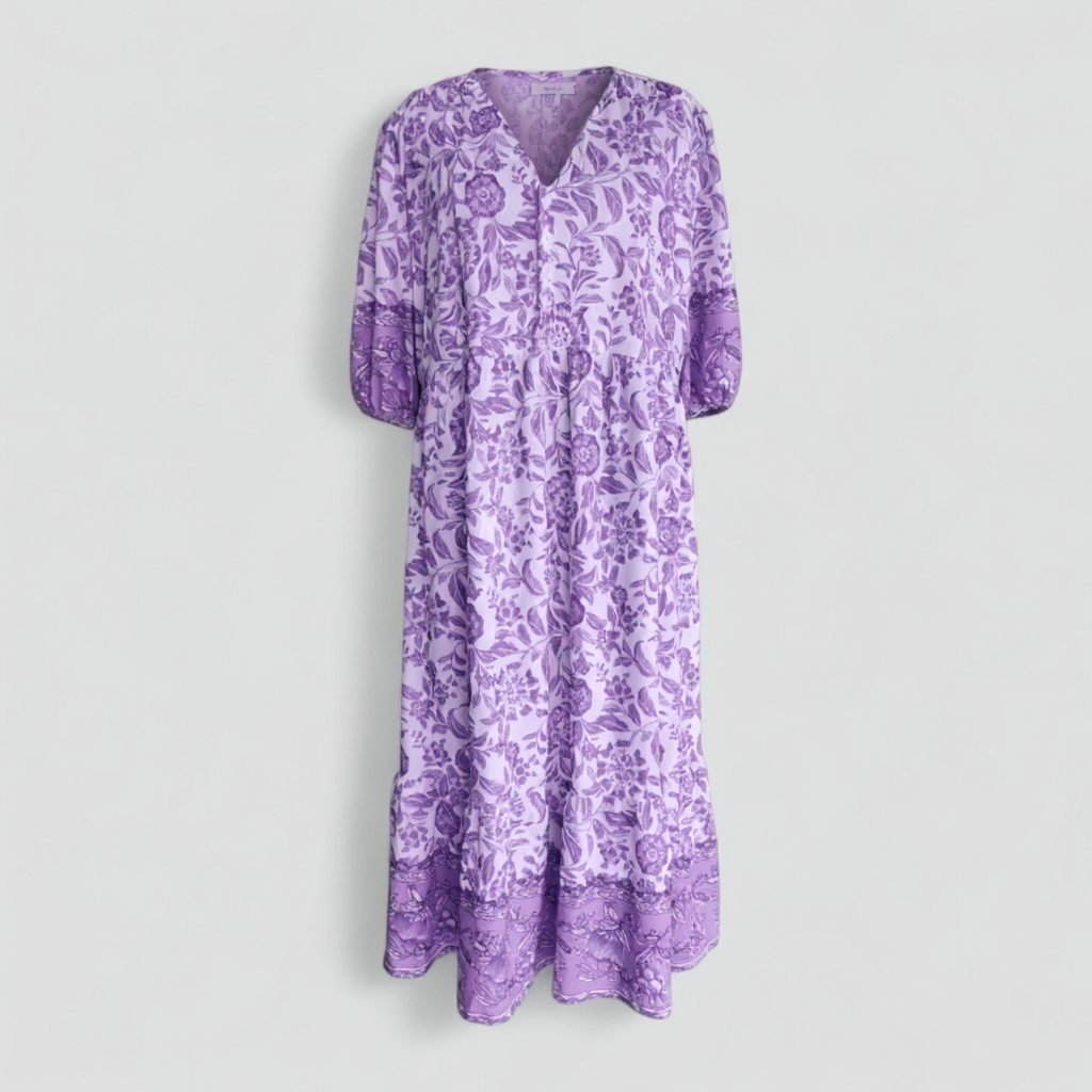 Women Set : Micola | Dames Elegante Zomerjurk met Bloemenprint in Paars van Pantino