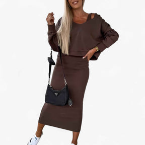Jurken : Jurk Dames Blauw - Comfortabele en Trui Set in Khaki van Pantino