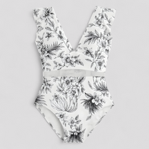 Women's Outfit : Melody | Dames Sexy Badpak met Netdetails in Witte bloemenprint van Pantino