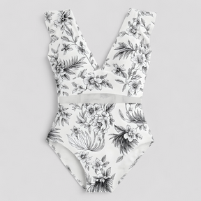 Women's Outfit : Melody | Dames Sexy Badpak met Netdetails in Witte bloemenprint van Pantino