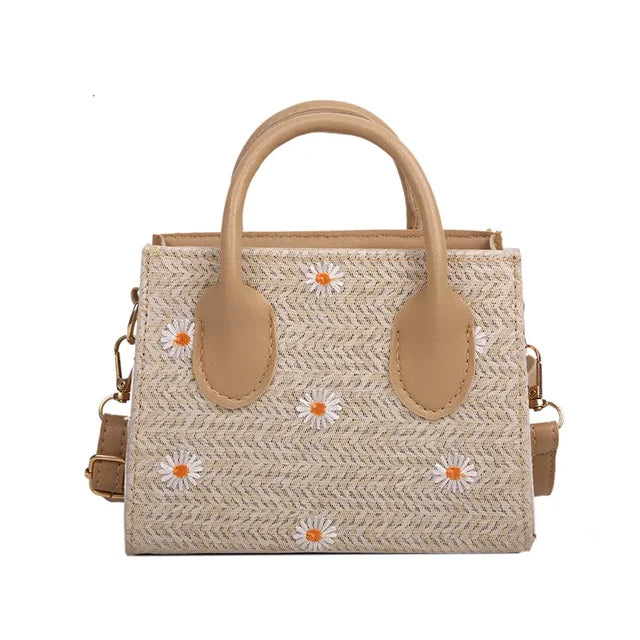 Daisy - Gevlochten handtas met bloemaccenten - Khaki - Accessoires - Pantino