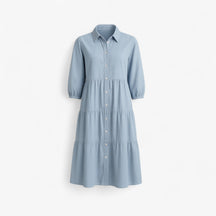 Dress : Cala | Lange Jurk Dames Met Collo A Revers in Lichtblauw van Pantino