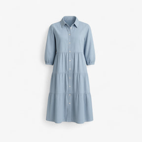 Dress : Cala | Lange Jurk Dames Met Collo A Revers in Lichtblauw van Pantino