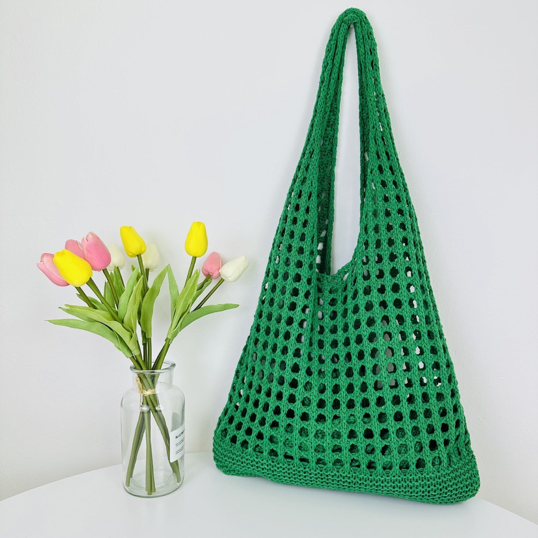 Veala | Tote Strand Gebreide Holle Tas - Groen - Beach bag - Pantino