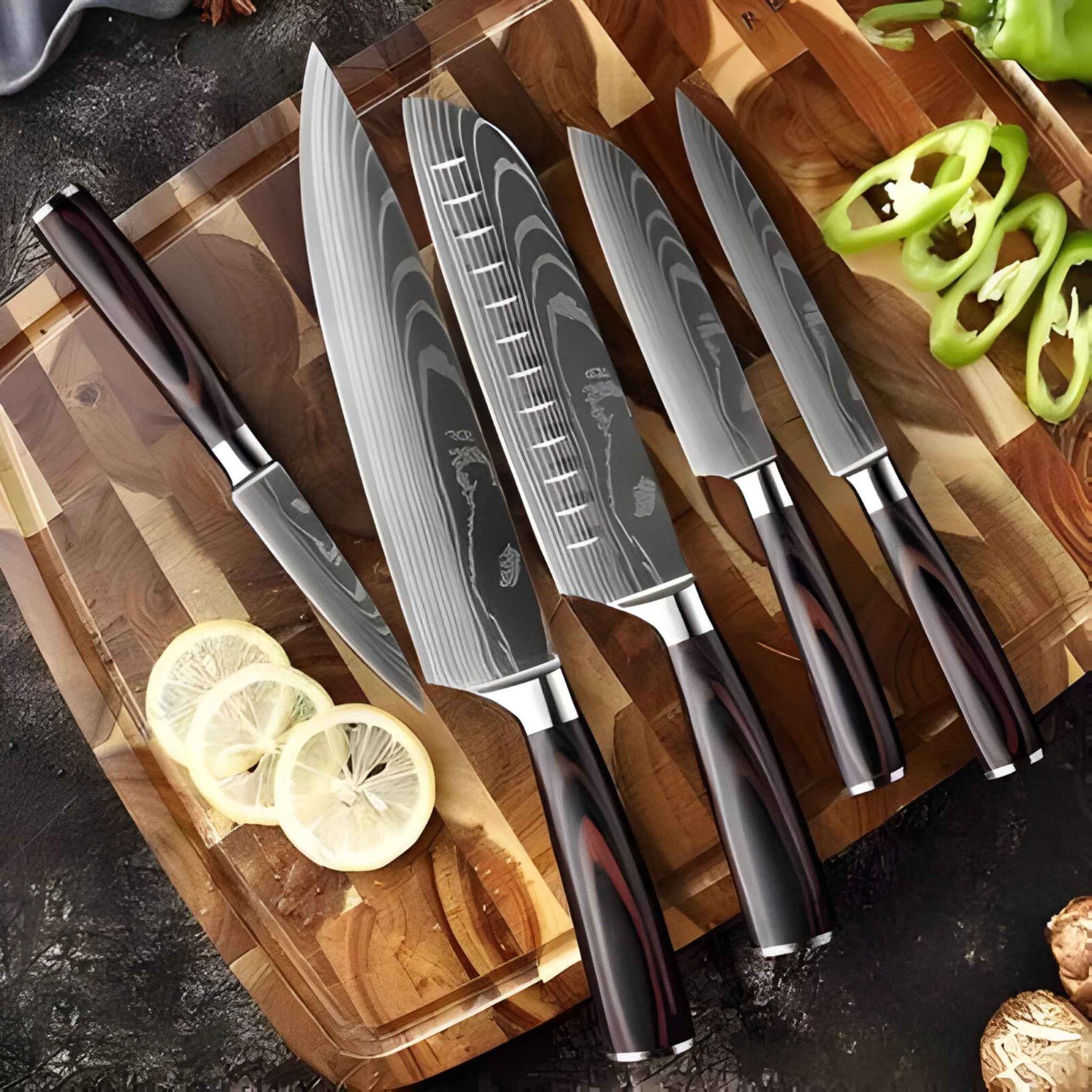 Set van 8 Calla Japanse keukenmessen in Damascus-staal, extreem scherp voor professionele koks
