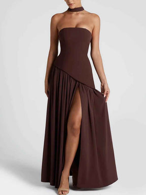 Robe longue fluide fendue femme - Élégante, confortable, sans bretelles avec ruban