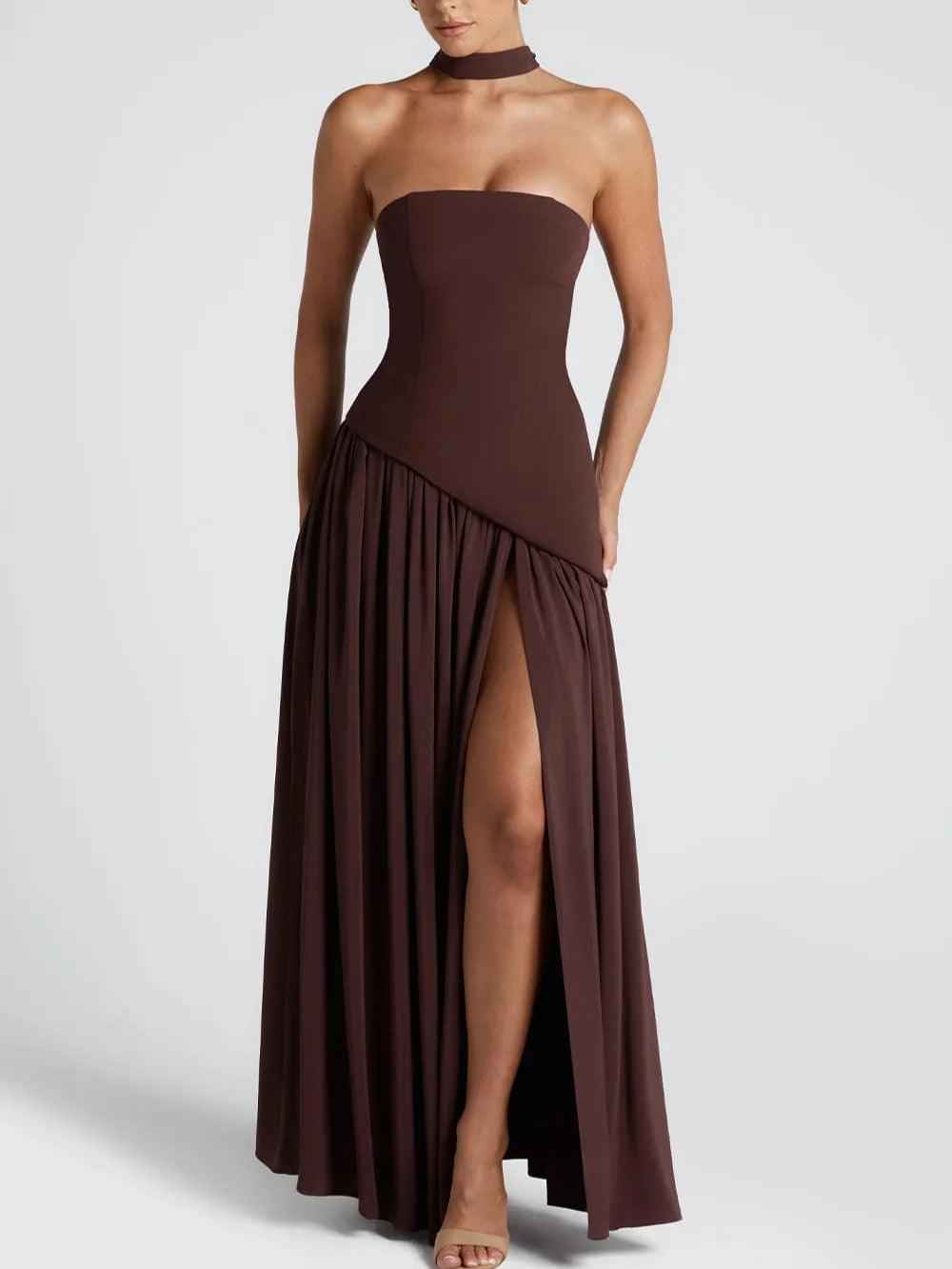Robe longue fluide fendue femme - Élégante, confortable, sans bretelles avec ruban