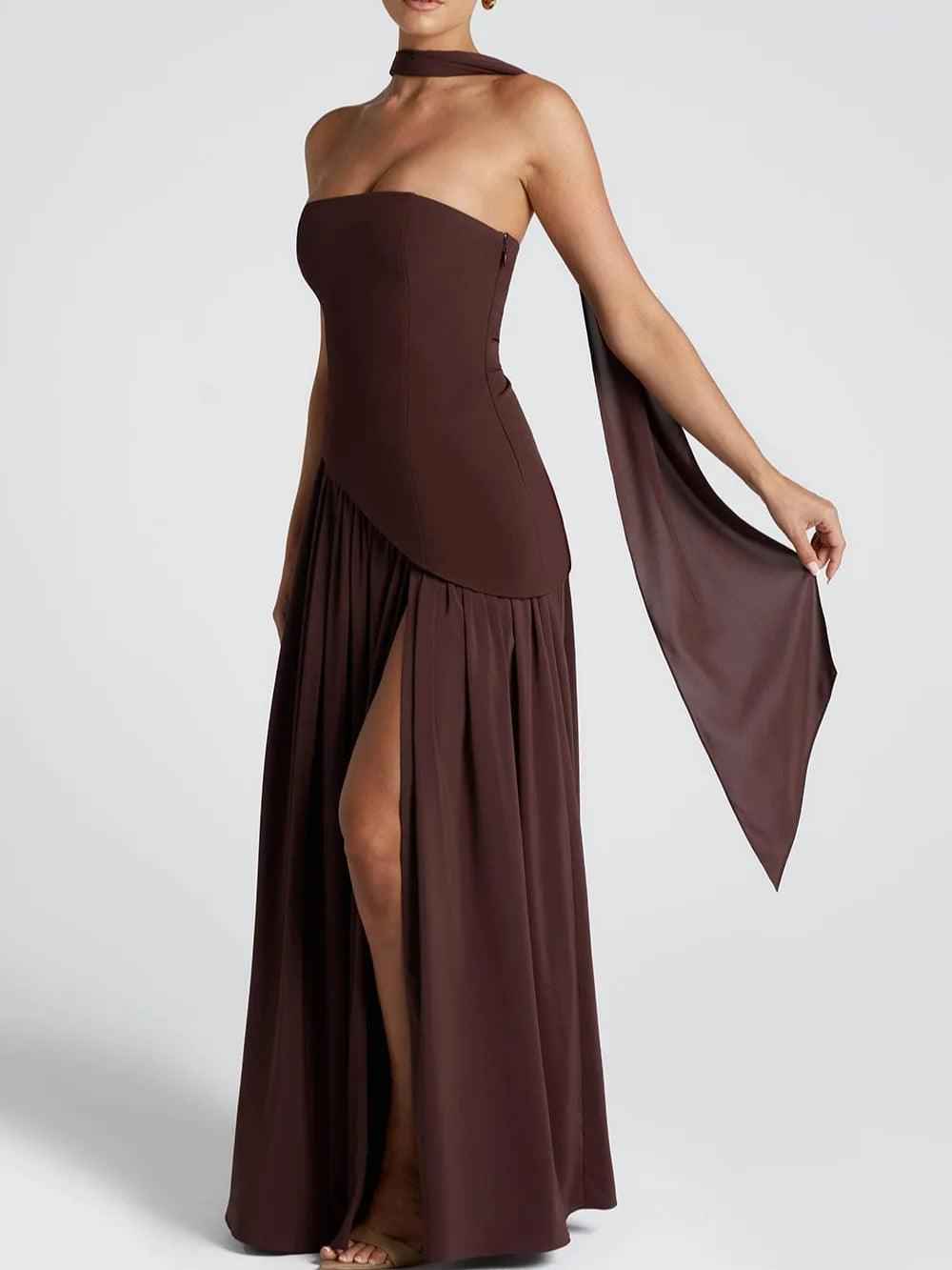 Robe longue fluide fendue femme - Élégante, confortable, sans bretelles avec ruban