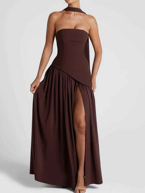 Robe longue fluide fendue femme - Élégante, confortable, sans bretelles avec ruban