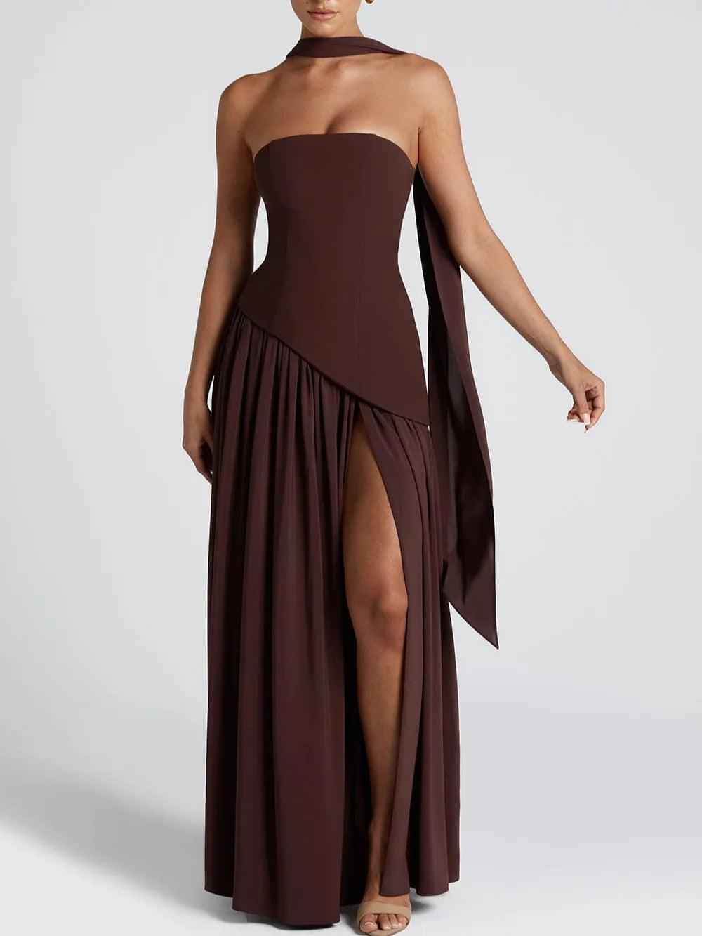 Robe longue fluide fendue femme - Élégante, confortable, sans bretelles avec ruban