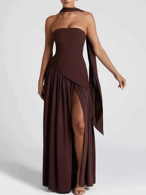 Robe longue fluide fendue femme - Élégante, confortable, sans bretelles avec ruban