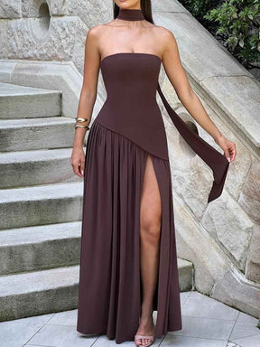 Robe longue fluide fendue femme - Élégante, confortable, sans bretelles avec ruban