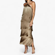 SERENA - Mouwloze jurk met vlinderhals - glamoureuze franjedetails