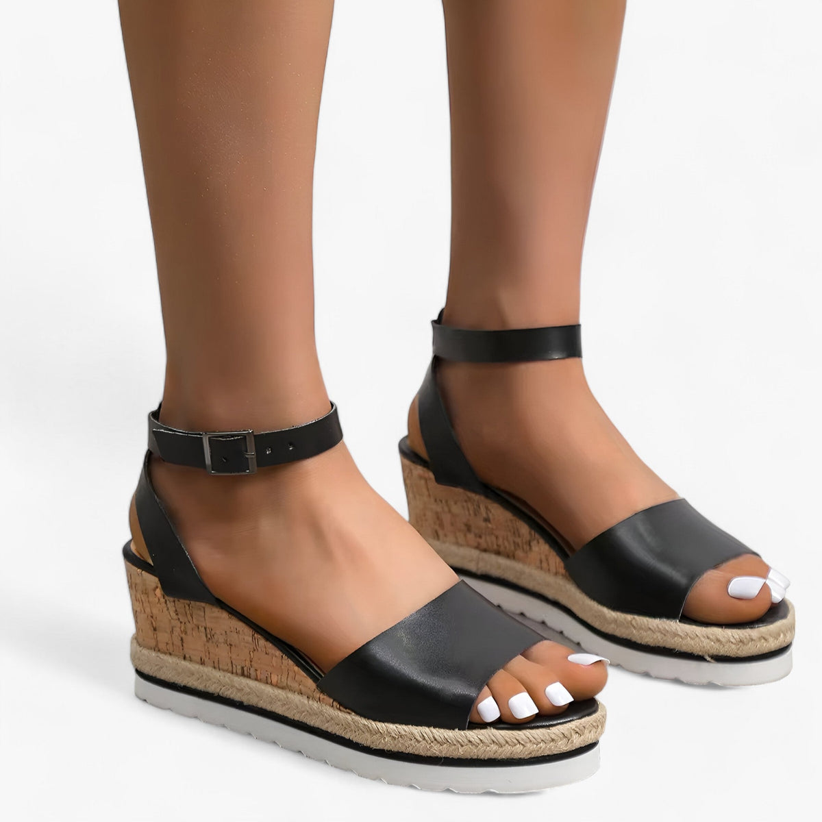 Athia™ - Sandales compensées en cuir vegan - Zwart - Athia™ - Sandales compensées en cuir vegan - €25 - Pantino