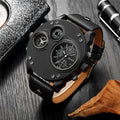 Reloj de hombre negro - Reloj de pulsera con doble hora con correa de cuero y caja de acero inoxidable