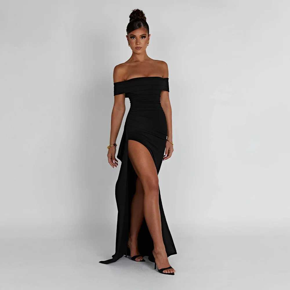 Robe Longue Femme Épaules Dénudées & Fente Élégante - Idéale Soirée/Cérémonie