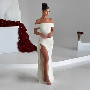 Robe Longue Femme Épaules Dénudées & Fente Élégante - Idéale Soirée/Cérémonie