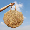 Bolso de hombro redondo hecho a mano marrón - Tejido artesanal - Paja