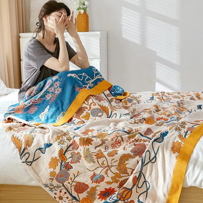 Sloane™ Zacht, gebreid dekbedovertrek - Bloemen Geel-Blauw-Geel - Scandinavian Blankets - Pantino