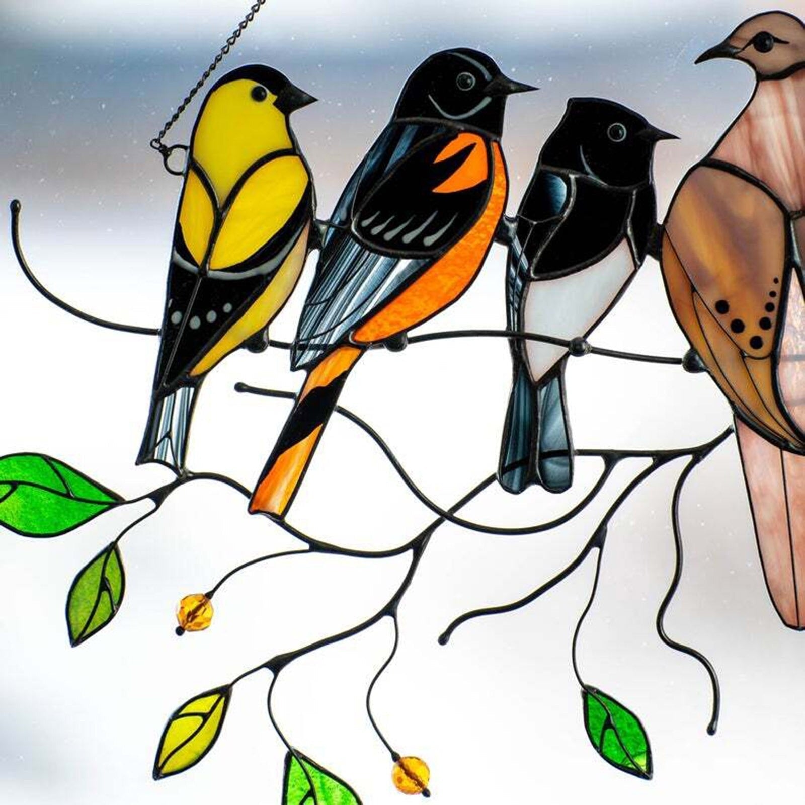 Glas-in-lood vogels met windgong buiten, 3 stuks Glas-in-lood vogels met windgong buiten, 3 stuks
