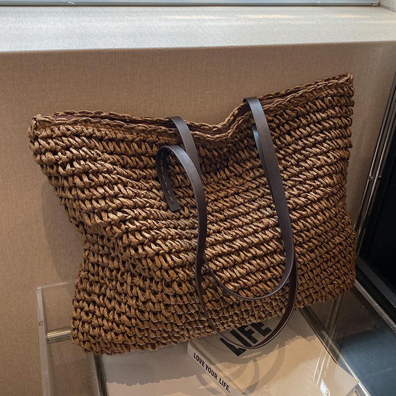 Straw Bag™ - Boheemse zomer handgemaakte strandtas Handbags Pantino Donkerbruin  